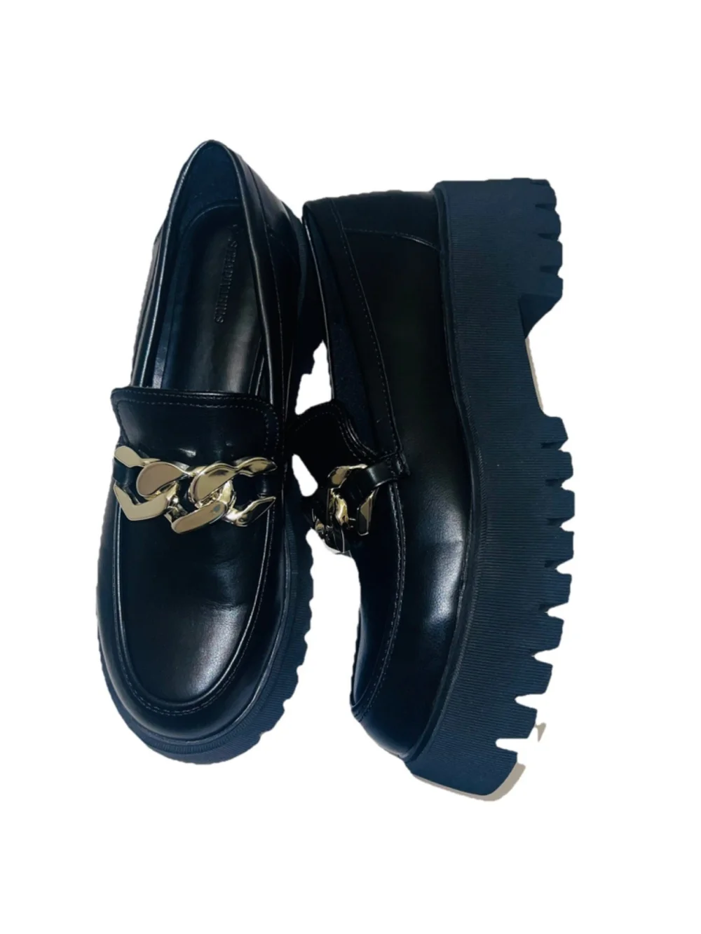 Black Chunky Lug Sole Loafers Gold Chain Platform Minimalist Chic Shoes